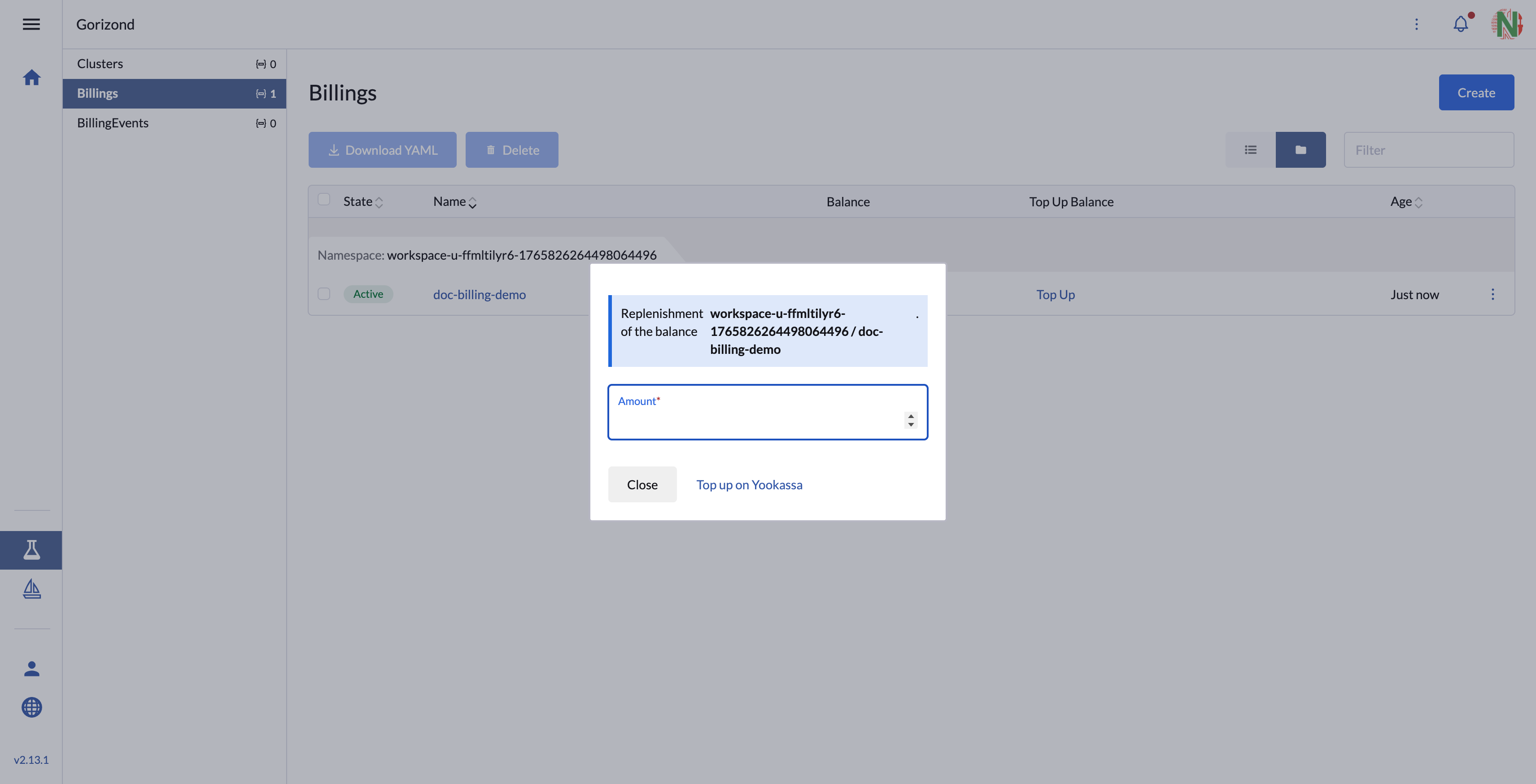 Billing top-up dialog